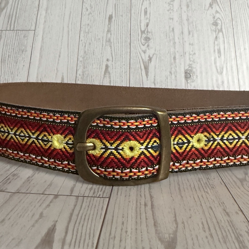 New LUCKY BRAND Embroidered Boho Brown Yellow Black Leather Belt Brass Buckle 32